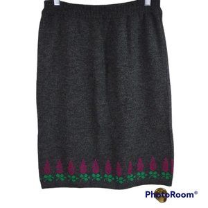 Vintage Justine Todd Wool Blend Grey Pull-On Pencil Skirt W/ Floral Knit Detail